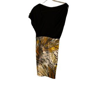 Black Halo earthy Tropical reeds print asymmetrical sleeve dress S AS NEW